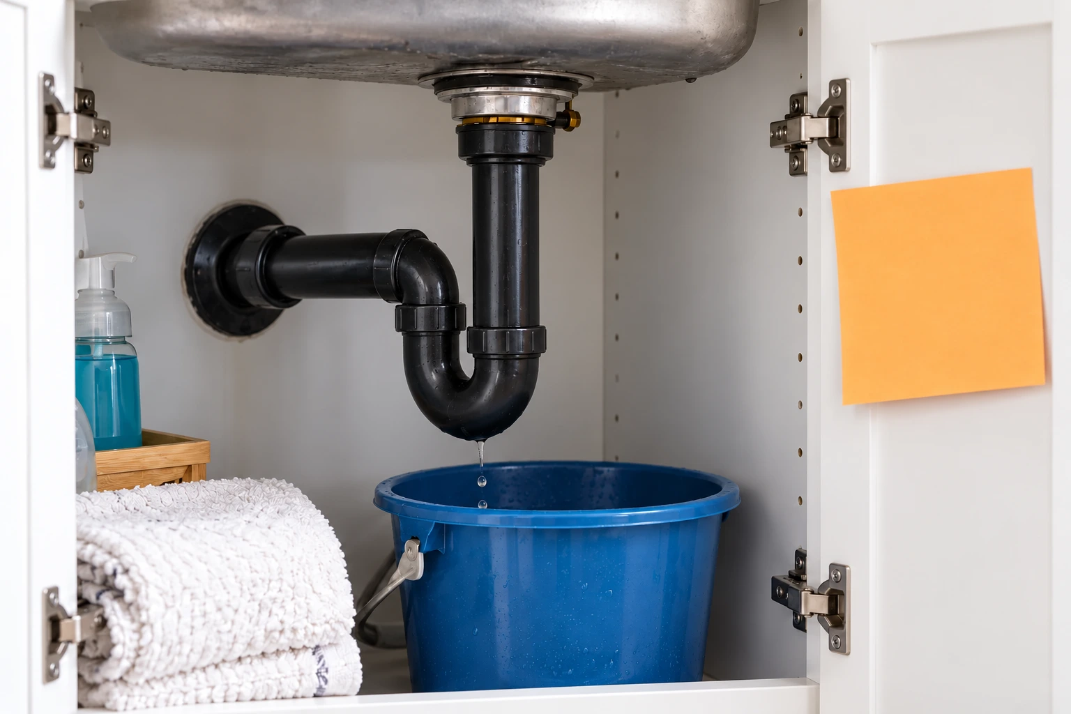 Water dripping from the trap under a sink, with a bucket and towels